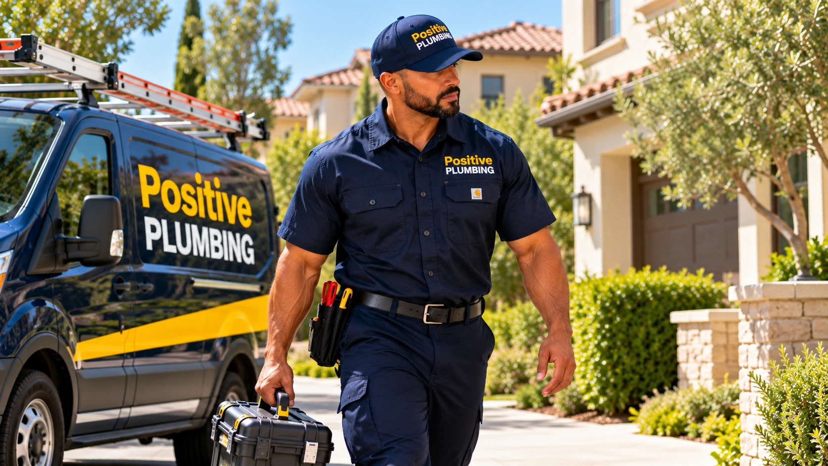 Positive Plumbing technician arriving for an air conditioning repair service in Eastwood Village, Irvine, CA.