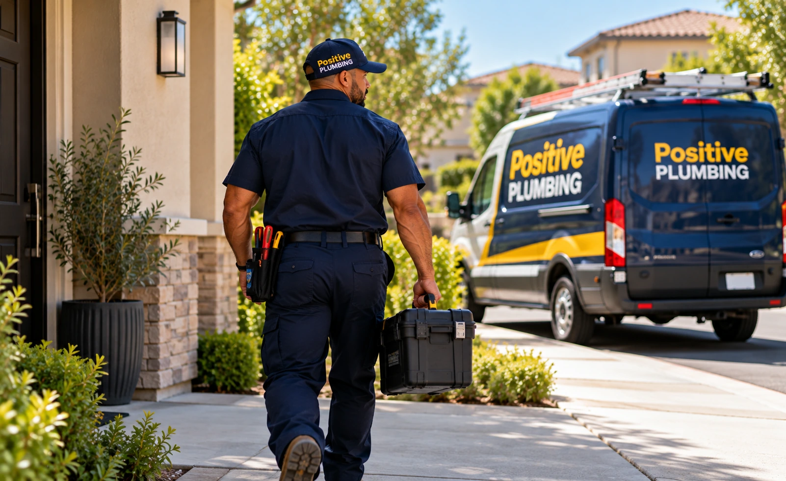 Alex leaving an Eastwood Village, Irvine home with his tools after completing the air conditioning repair.