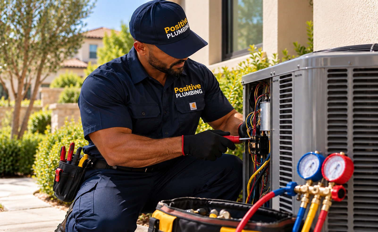 Alex completing an air conditioning repair on an outdoor AC unit at a home in Eastwood Village, Irvine, CA.