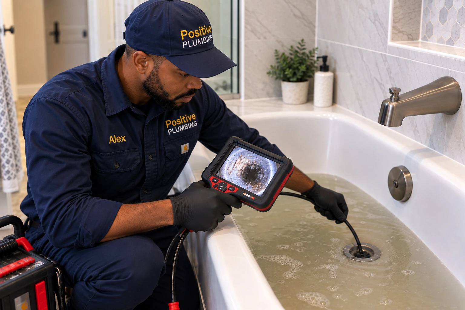 Alex inspecting a clogged bathtub drain with a drain camera during emergency drain cleaning in Great Park, Irvine, CA.