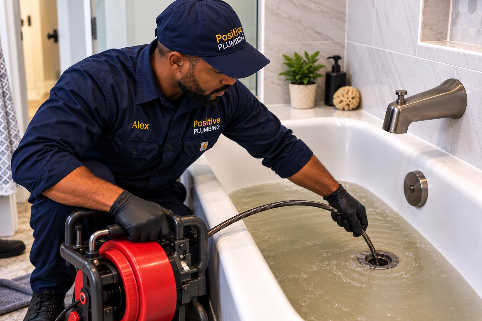 Alex using a professional drain-cleaning auger to clear a clogged bathtub drain during emergency plumbing service in Great Park, Irvine, CA.