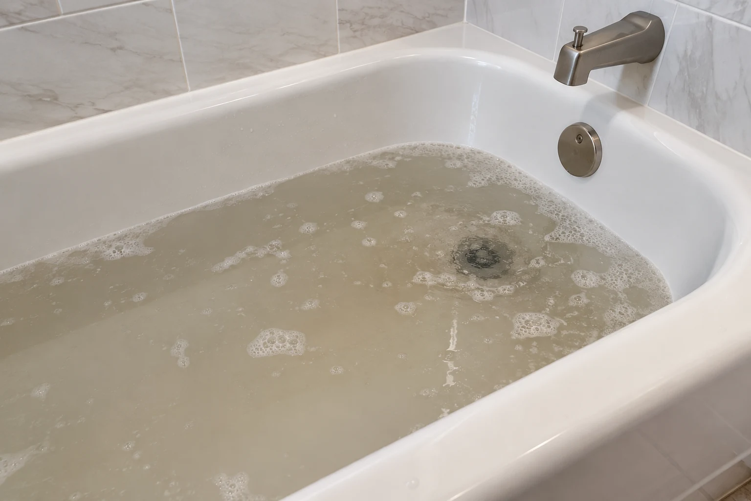 Bathtub filled with cloudy, standing water caused by a clogged drain in a Great Park, Irvine bathroom.