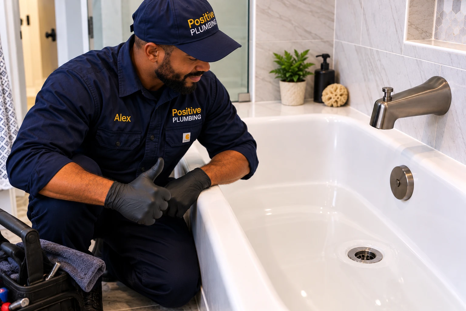 Alex showing the clean bathtub and cleared drain after completing emergency drain cleaning in Great Park, Irvine, CA.