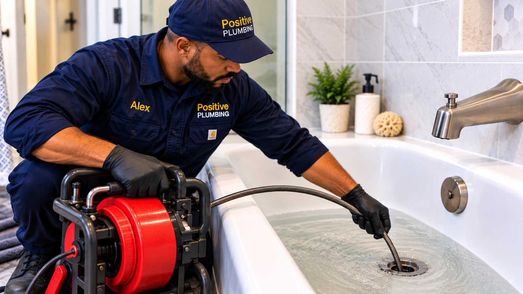 Alex using a professional drain-cleaning auger to clear a clogged bathtub drain during emergency plumbing service in Great Park, Irvine, CA.