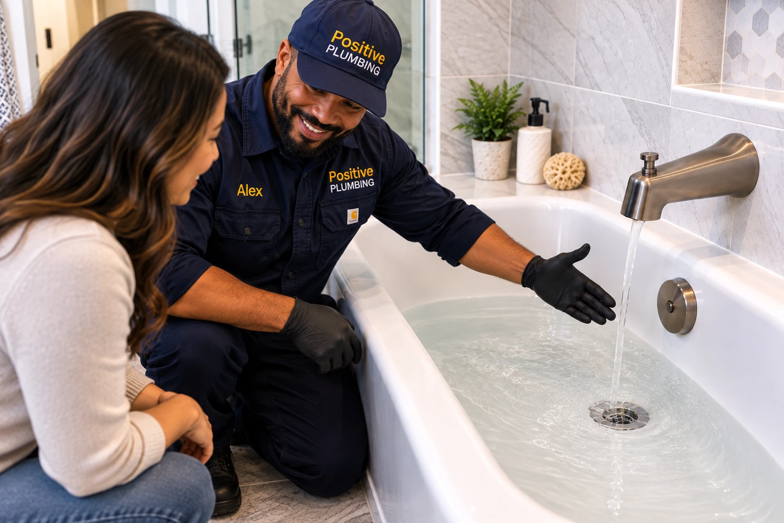 Alex demonstrating the restored bathtub drainage to a homeowner after completing emergency drain cleaning in Great Park, Irvine, CA.