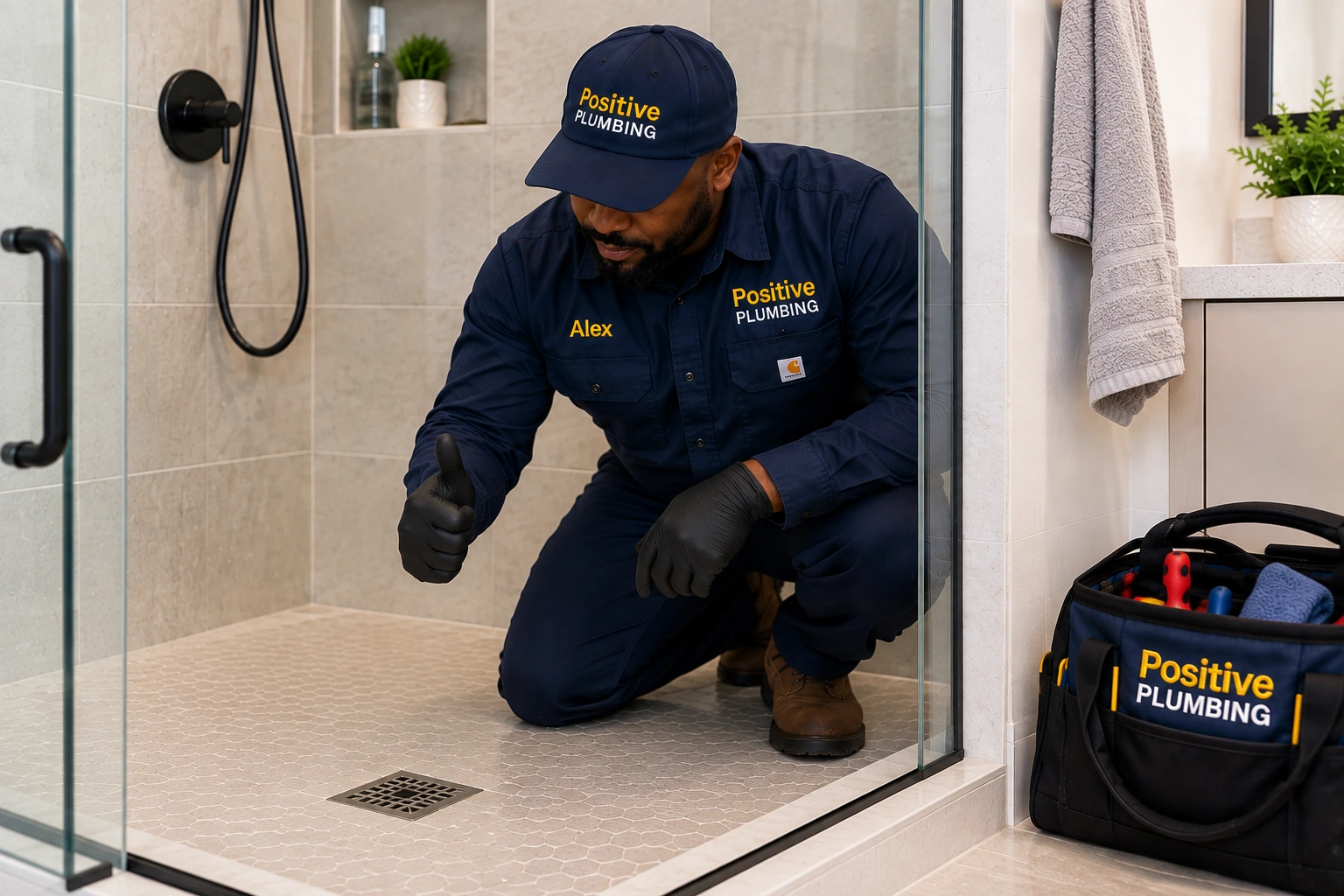 Alex from Positive Plumbing inspecting the completed shower plumbing repair at a home in Great Park Neighborhoods, Irvine, CA.