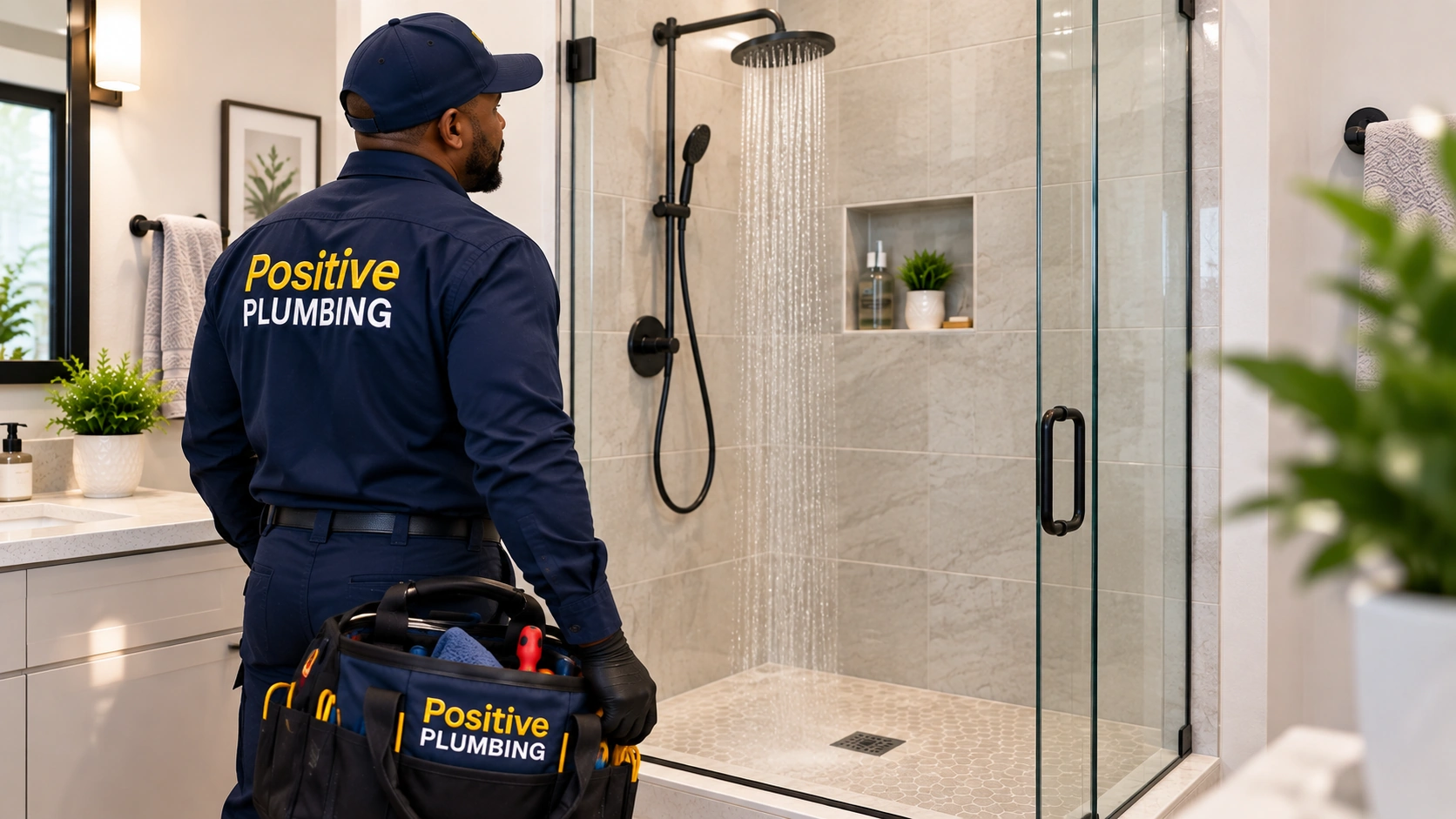 Positive Plumbing technician inspecting the completed shower plumbing repair at a Great Park Neighborhoods home in Irvine, CA.