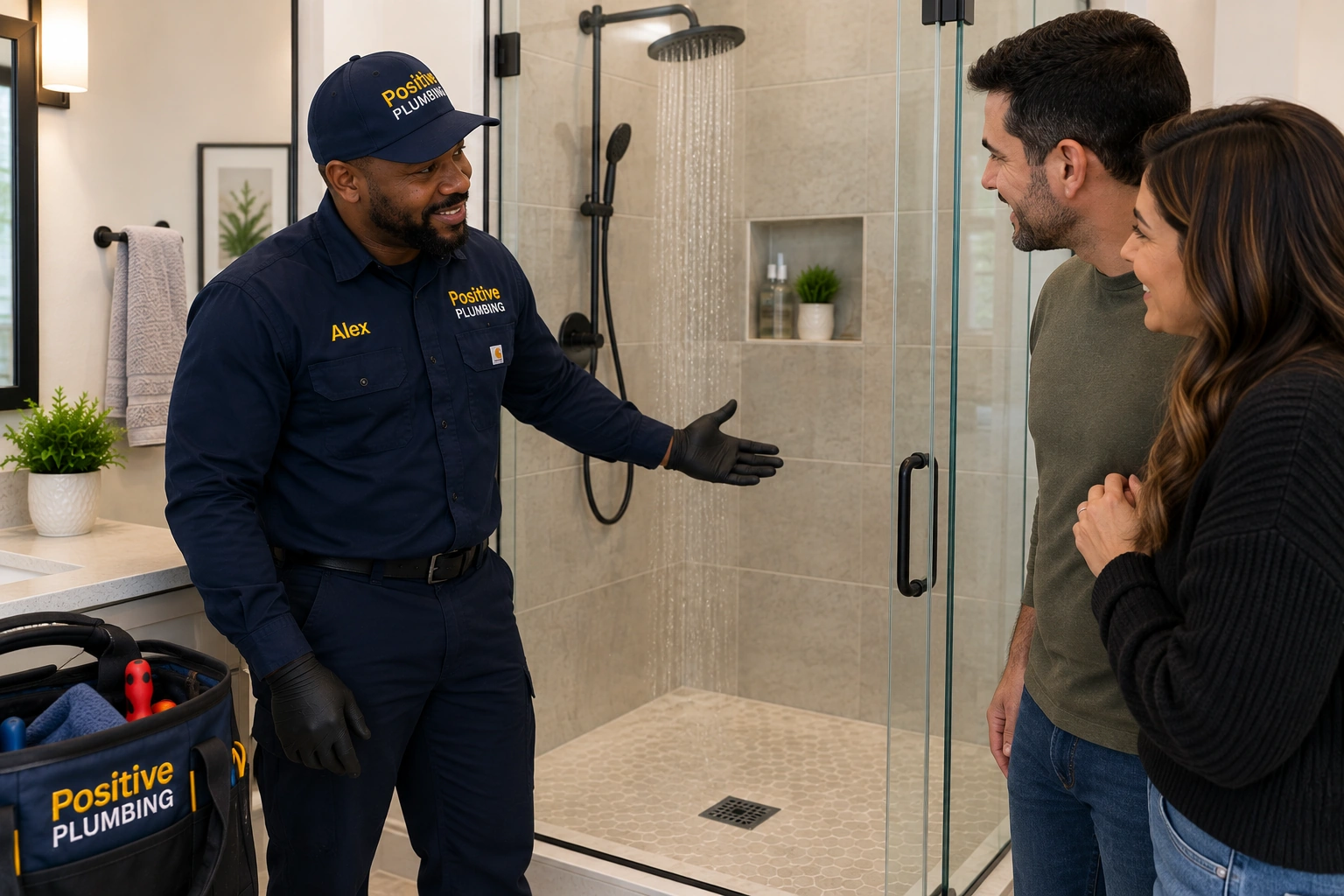 Alex from Positive Plumbing showing a homeowner couple the completed shower plumbing repair at their Great Park Neighborhoods home in Irvine, CA.