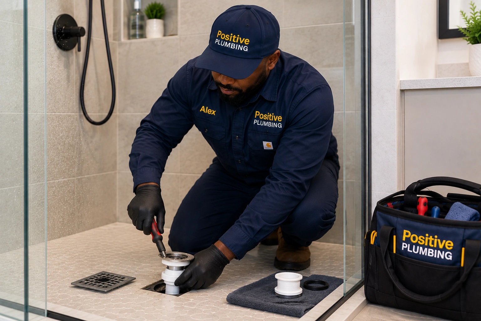 Alex from Positive Plumbing completing a shower plumbing repair at a home in Great Park Neighborhoods, Irvine, CA.