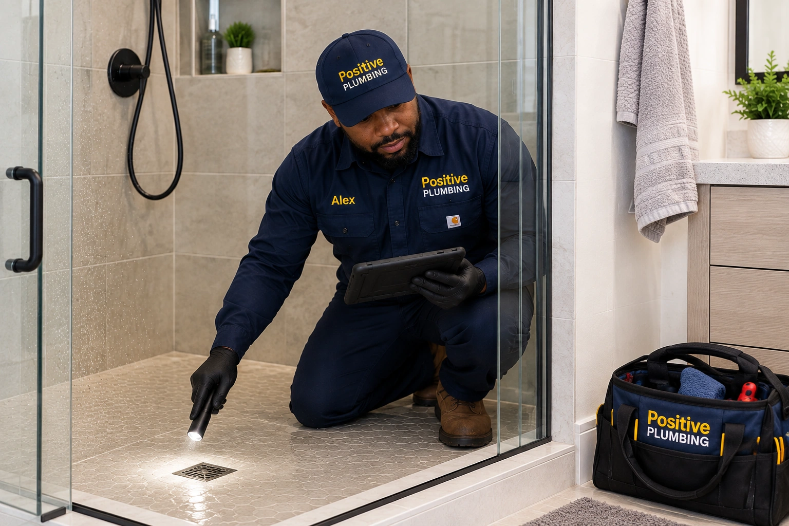 Alex from Positive Plumbing inspecting a shower plumbing problem at a home in Great Park Neighborhoods, Irvine, CA.