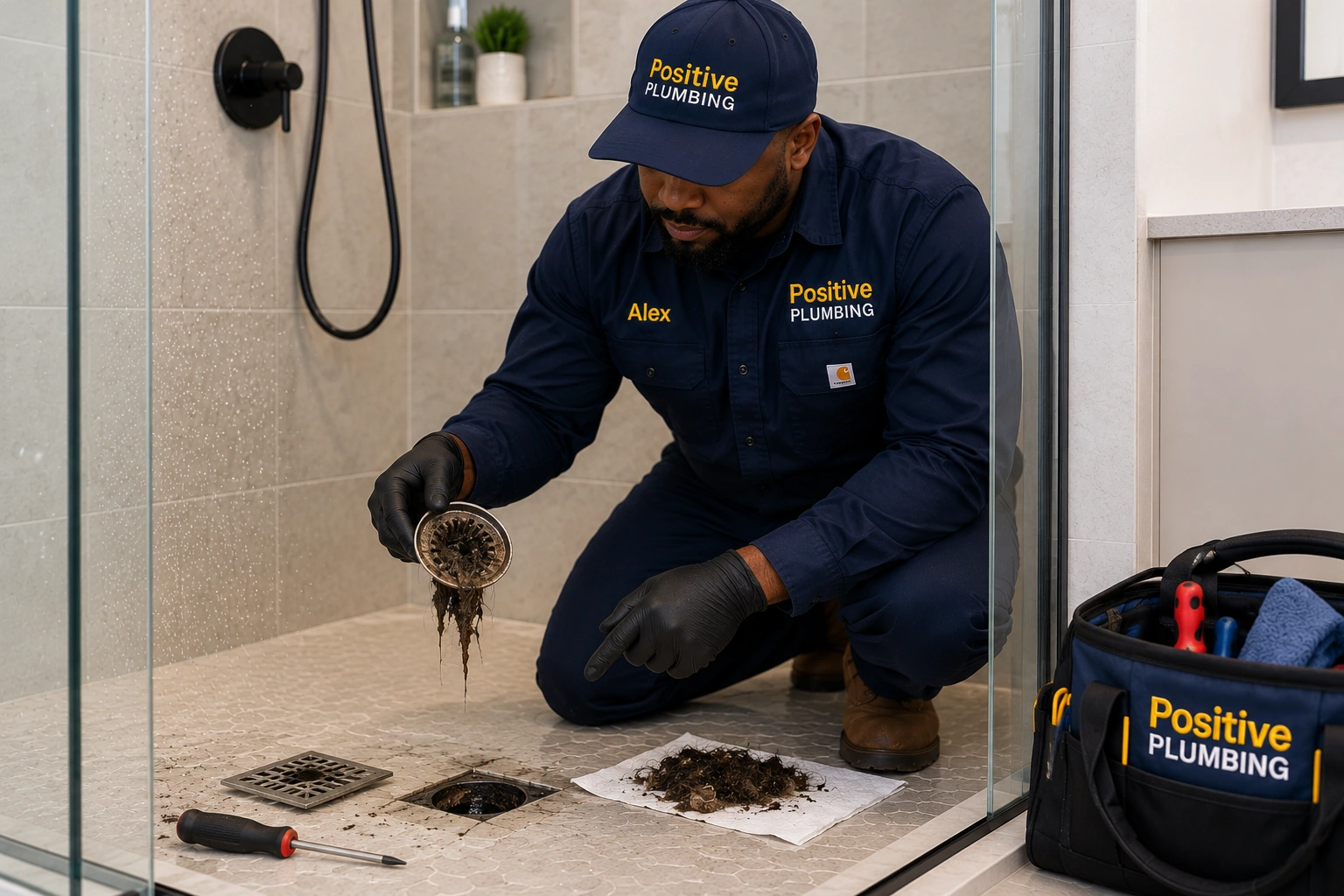 Alex from Positive Plumbing inspecting the affected shower plumbing during a home plumbing repair in Great Park Neighborhoods, Irvine, CA.