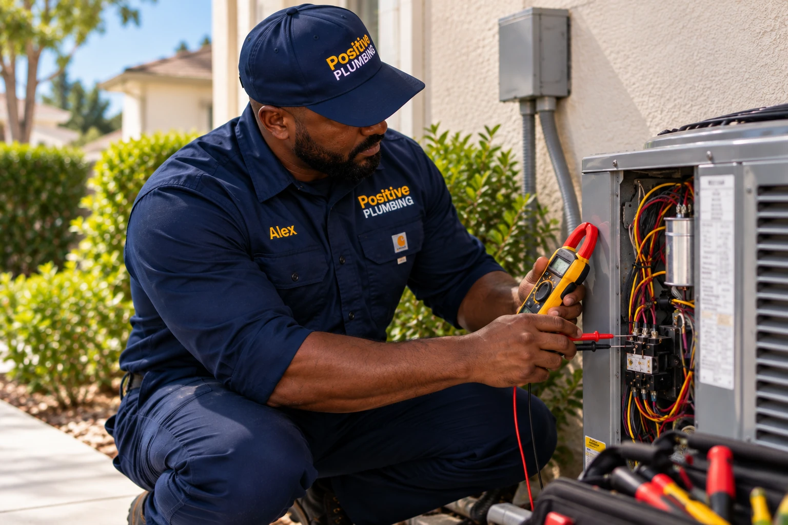 Alex testing the electrical components of an outdoor AC condenser with a multimeter while diagnosing a faulty capacitor in Cypress Village, Irvine, CA.