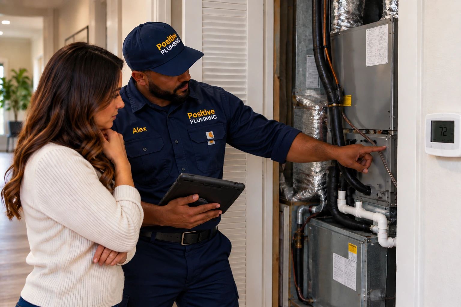 Alex explaining an air conditioning problem to a homeowner while examining the indoor HVAC system in Cypress Village, Irvine, CA.