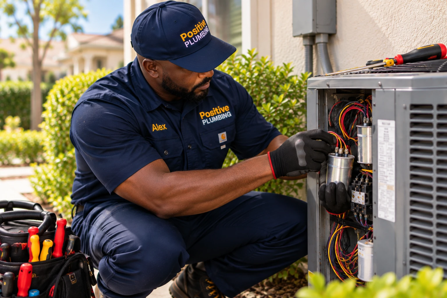 Alex replacing a faulty capacitor in an outdoor AC condenser during an HVAC repair in Cypress Village, Irvine, CA.