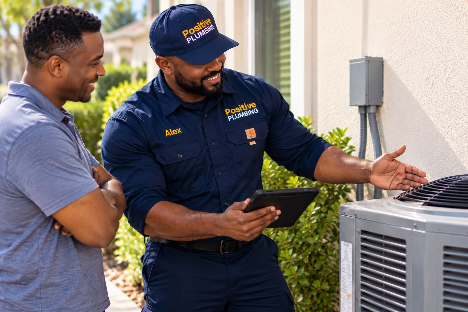 Alex showing a homeowner the completed outdoor AC condenser repair in Cypress Village, Irvine, CA, after replacing the faulty capacitor.