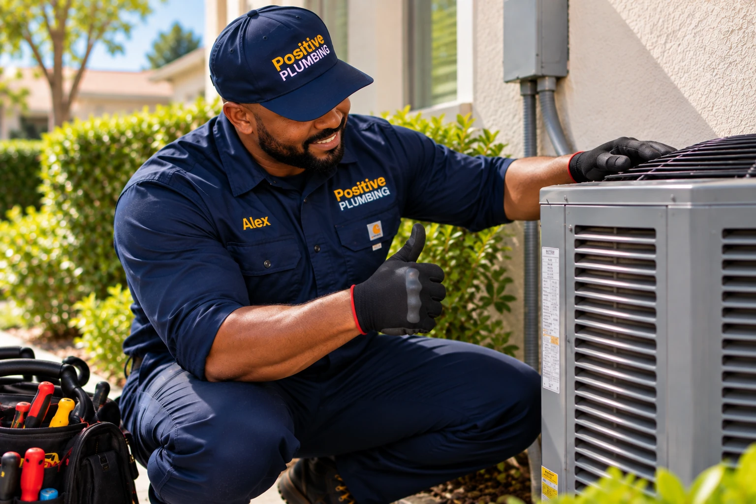 Alex inspecting the outdoor AC condenser after completing a capacitor replacement during an HVAC repair in Cypress Village, Irvine, CA.