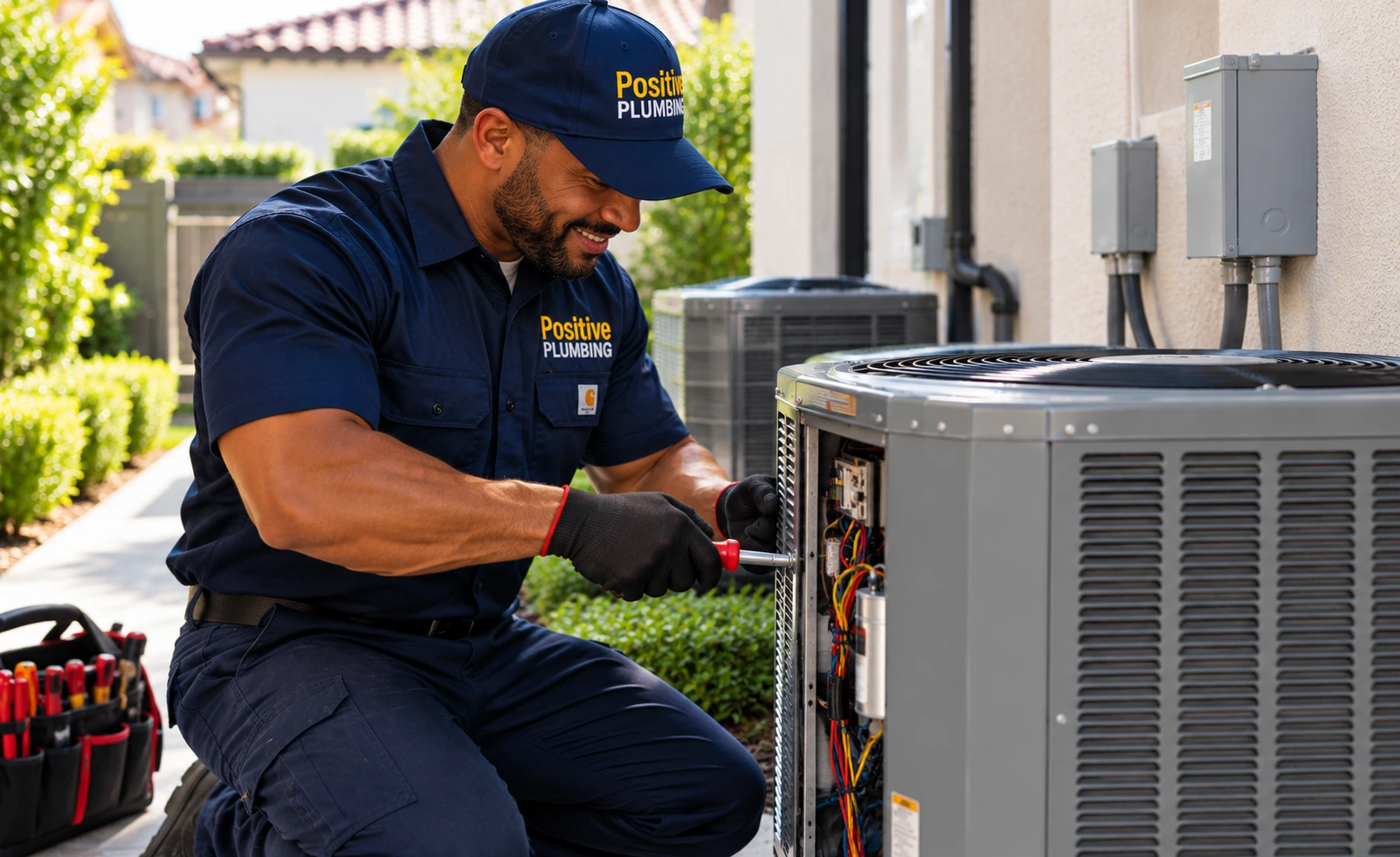 Alex inspecting an outdoor HVAC unit during an HVAC system replacement project in Quail Hill, Irvine, CA.