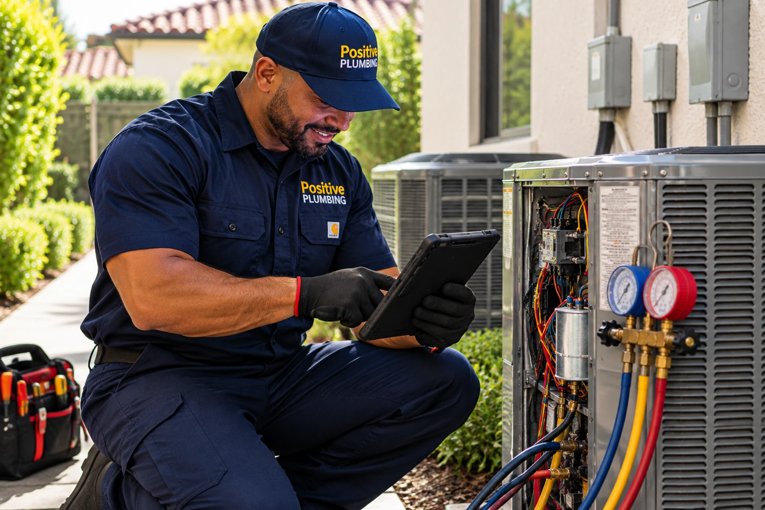Alex evaluating an existing outdoor HVAC system before replacement at a home in Quail Hill, Irvine, CA.