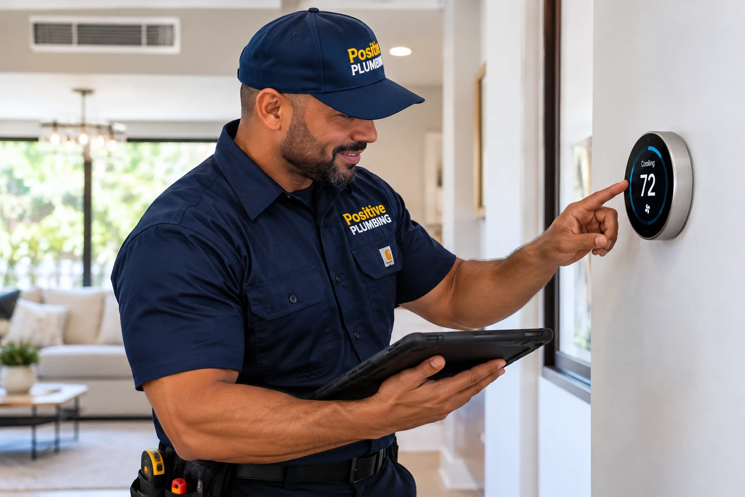 Alex testing the thermostat and confirming operation of the new HVAC system after replacement in Quail Hill, Irvine, CA.