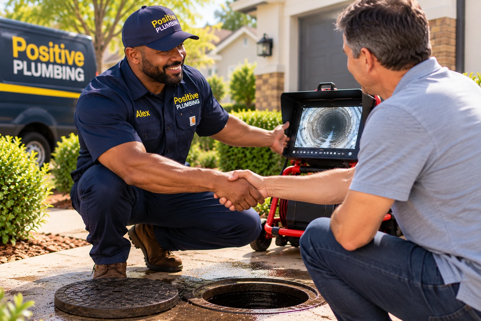 Alex shaking hands with a homeowner beside a sewer camera monitor after completing hydro jetting for a clogged sewer line in Portola Springs, Irvine, CA.