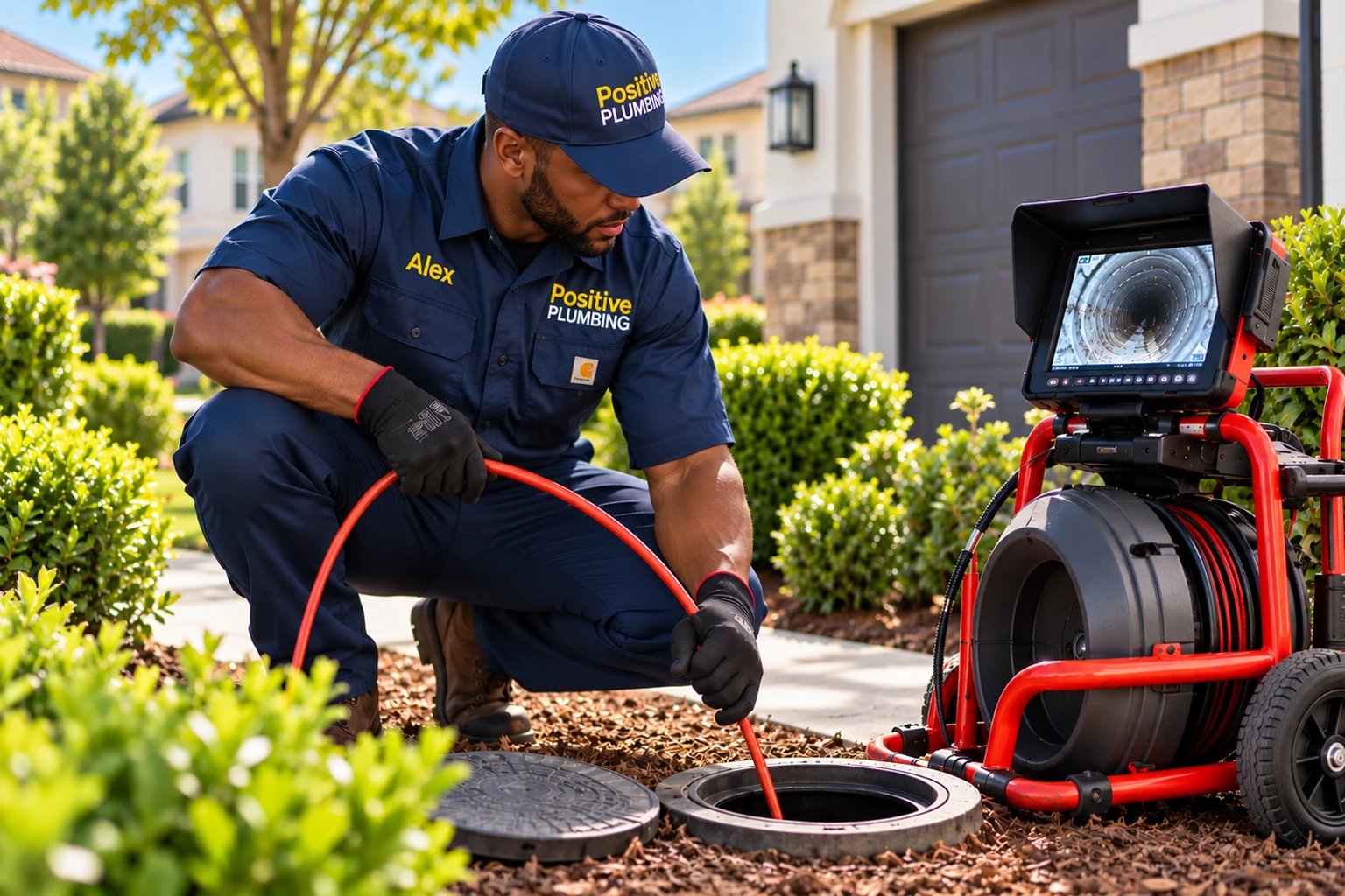 Alex inspecting a clogged residential sewer line with a sewer camera and monitor in Portola Springs, Irvine, CA.