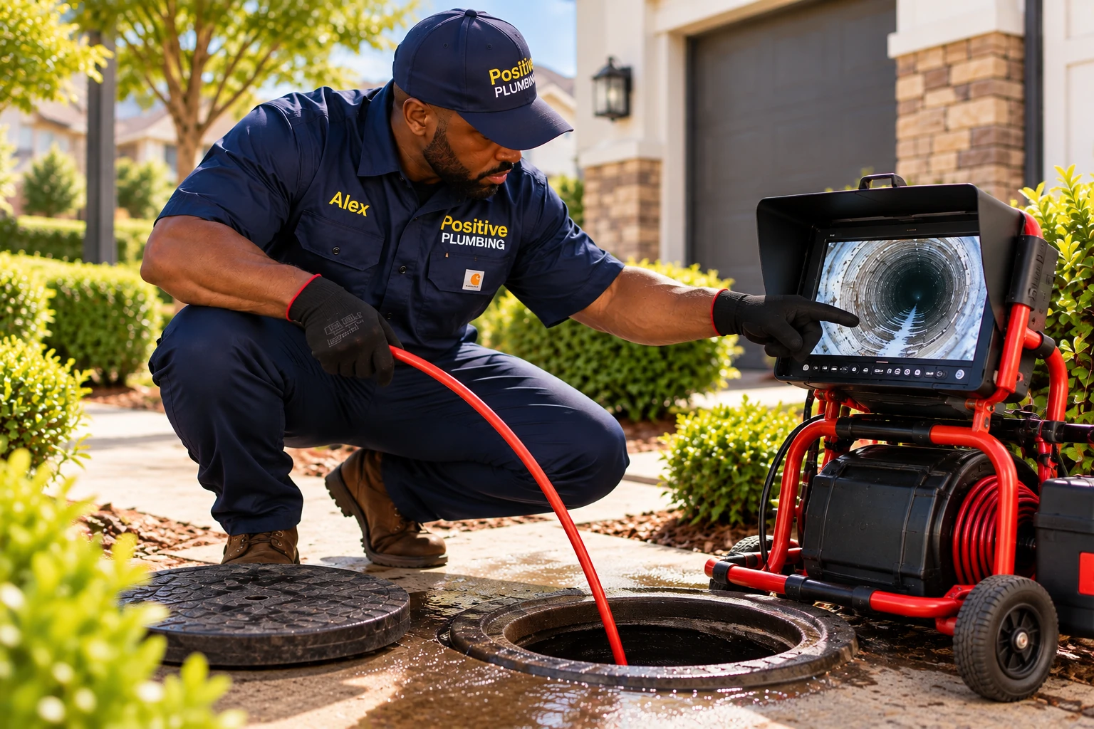 Alex reviewing a sewer camera monitor beside an outdoor cleanout during a sewer line inspection in Portola Springs, Irvine, CA.