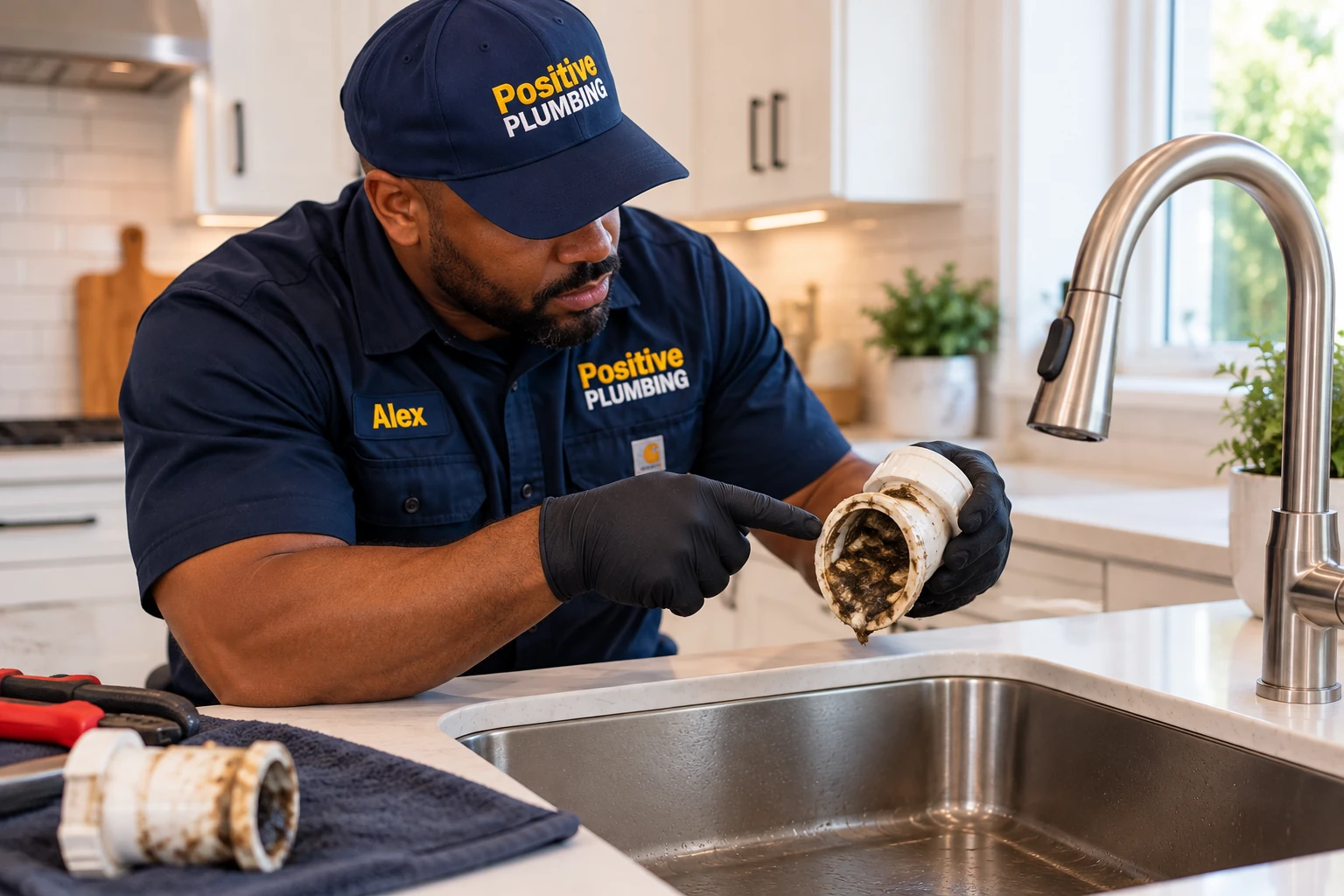 Alex examining buildup inside a kitchen drain pipe during a kitchen drain cleaning service in Westpark, Irvine, CA.