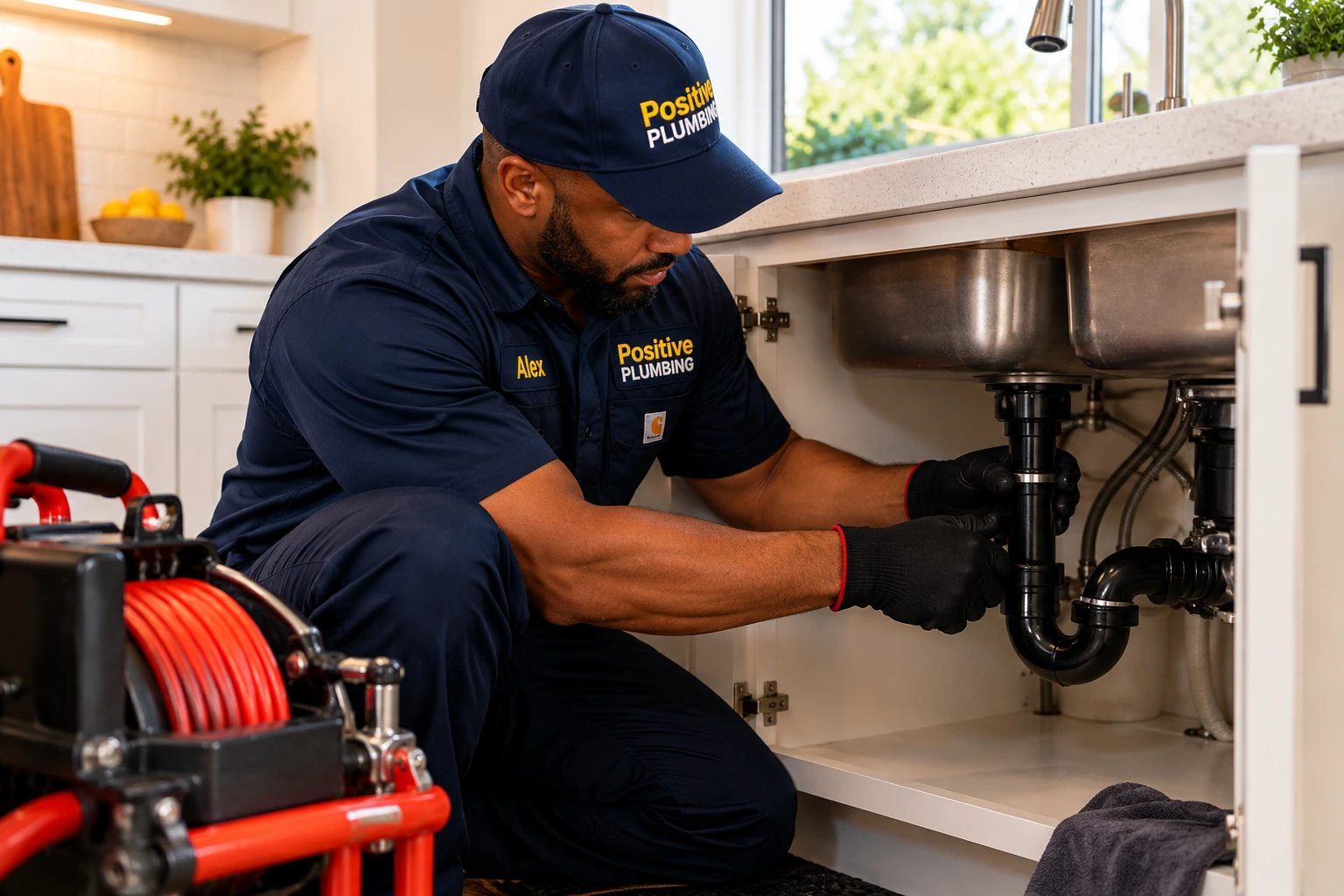 Alex completing kitchen drain cleaning beneath a sink at a home in Westpark, Irvine, CA.