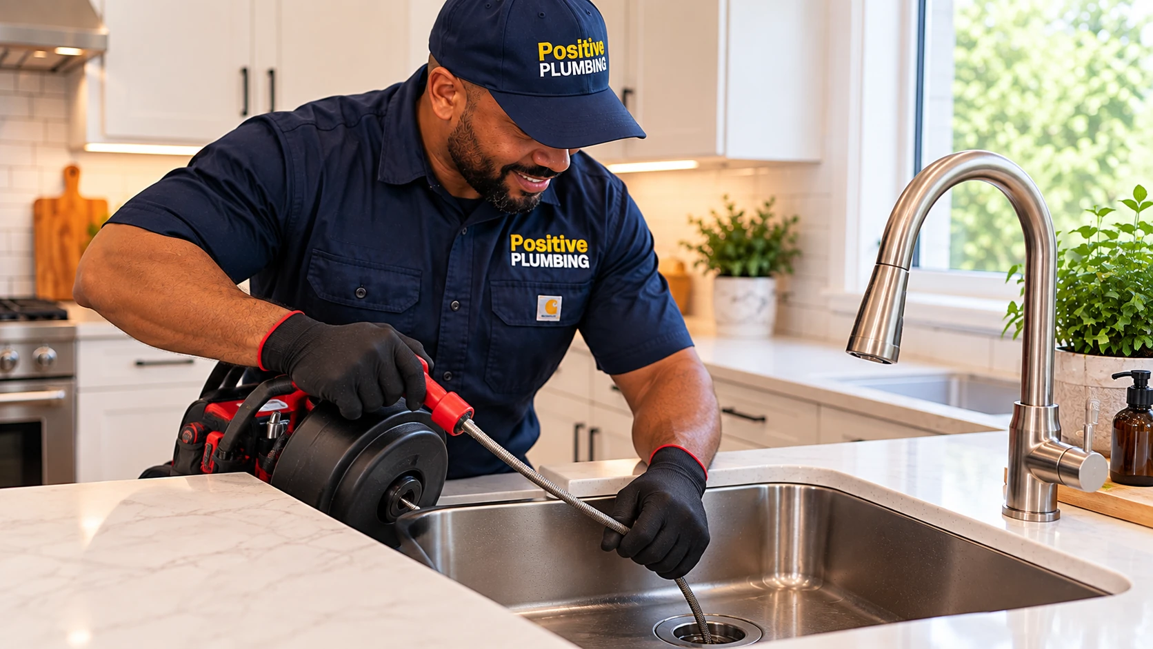 Alex using professional drain-cleaning equipment to clear a kitchen sink drain in Westpark, Irvine, CA.