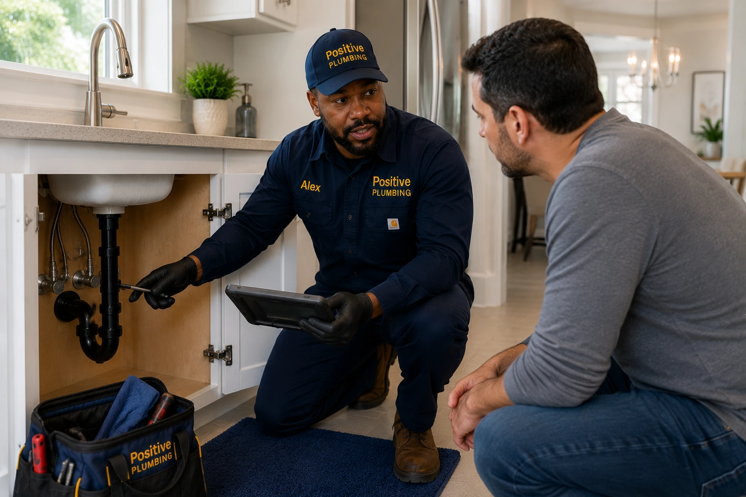 Positive Plumbing technician Alex reviewing the completed water leak repair with a homeowner in University Park, Irvine, CA.