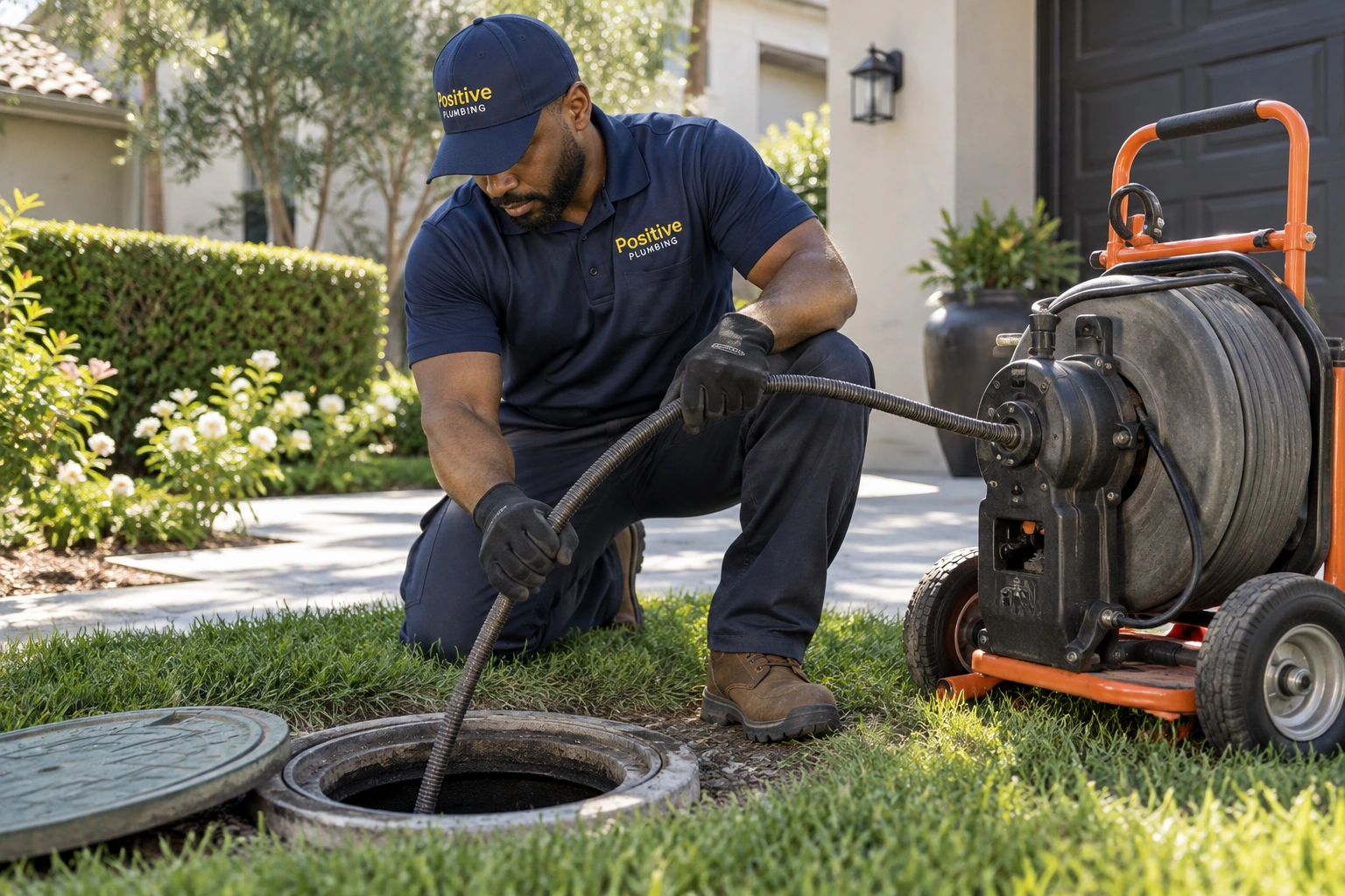Positive Plumbing technician cleaning an affected main sewer line at a Northwood home in Irvine, CA