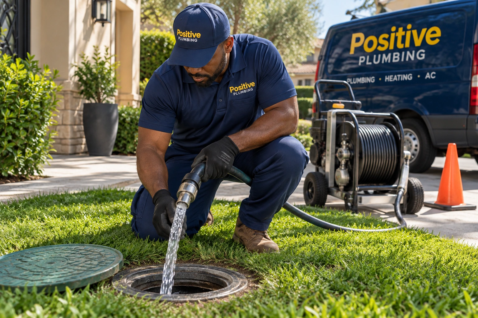 Positive Plumbing technician completing main sewer line cleaning at a Northwood home in Irvine, CA.