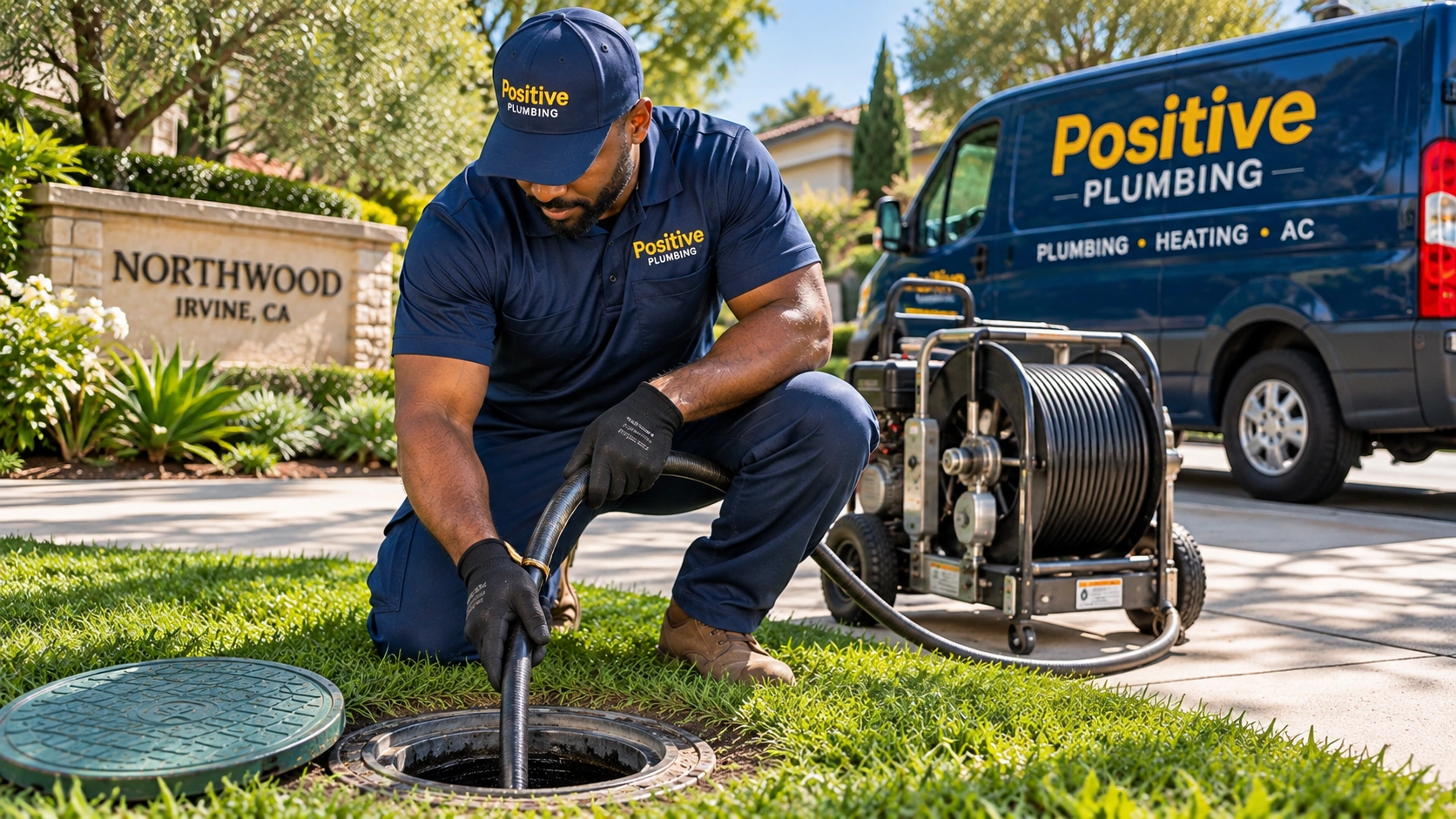 Positive Plumbing technician performing main sewer line cleaning at a residential property in Northwood, Irvine, CA