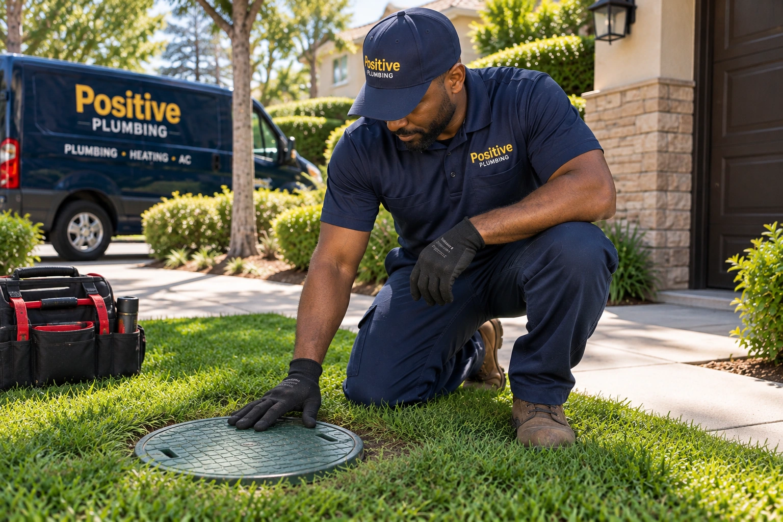 Positive Plumbing technician completing a main sewer line cleaning service at a Northwood home in Irvine, CA, with the sewer access secured after testing.
