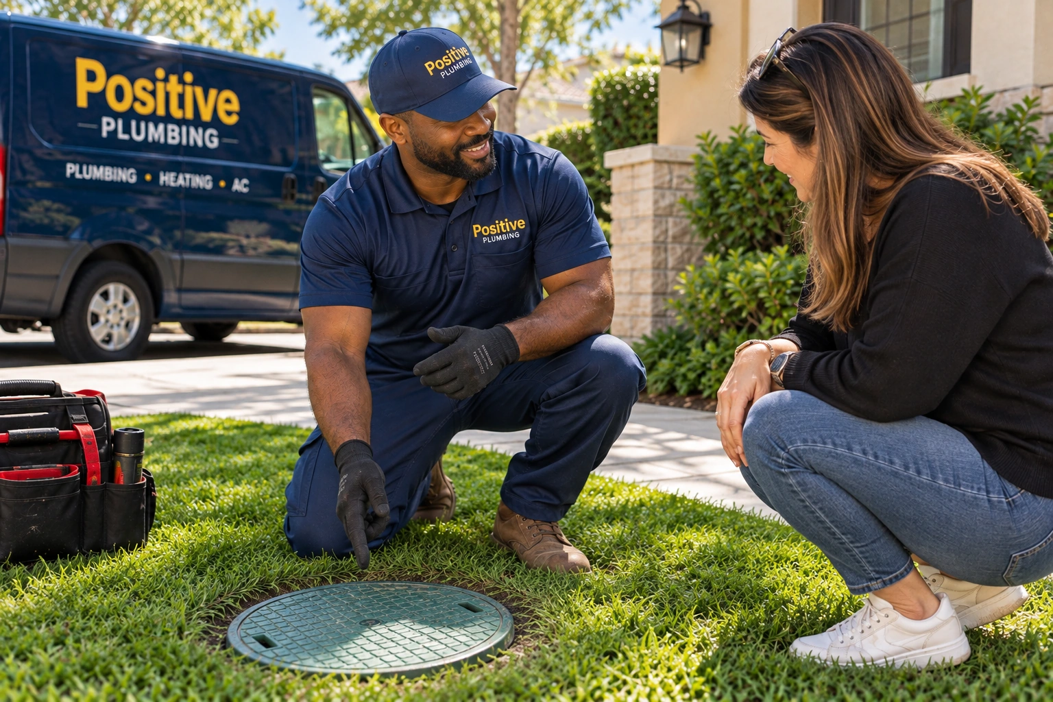 Positive Plumbing technician showing the completed main sewer line cleaning work to a Northwood homeowner in Irvine, CA.