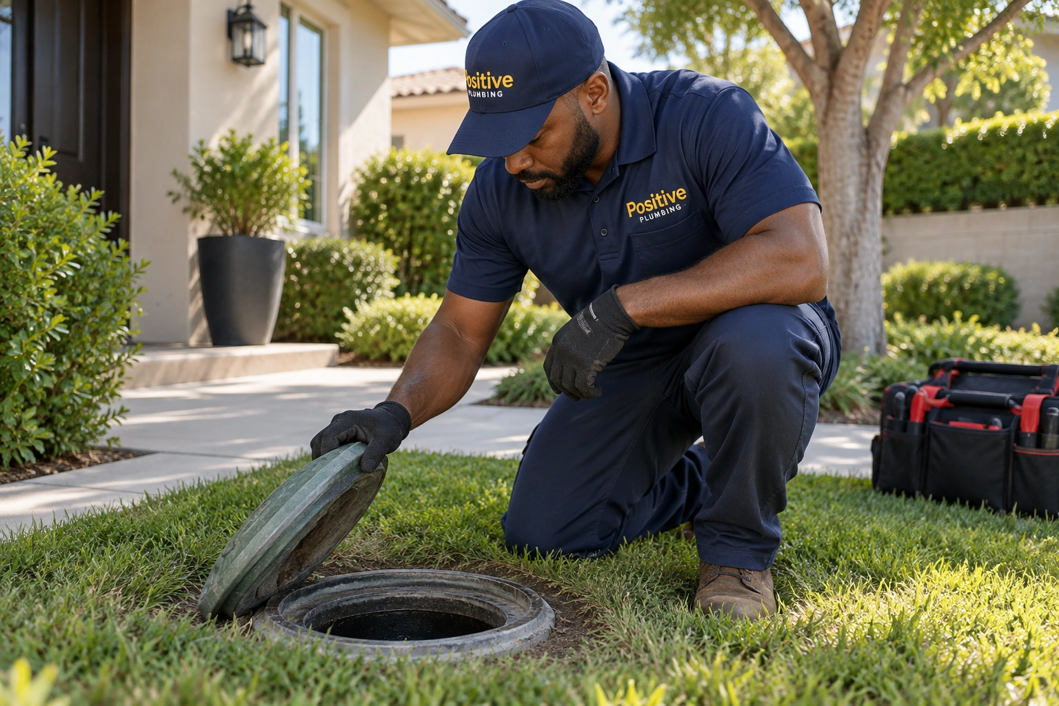 Positive Plumbing technician inspecting a main sewer line access during a sewer cleaning service in Northwood, Irvine, CA.