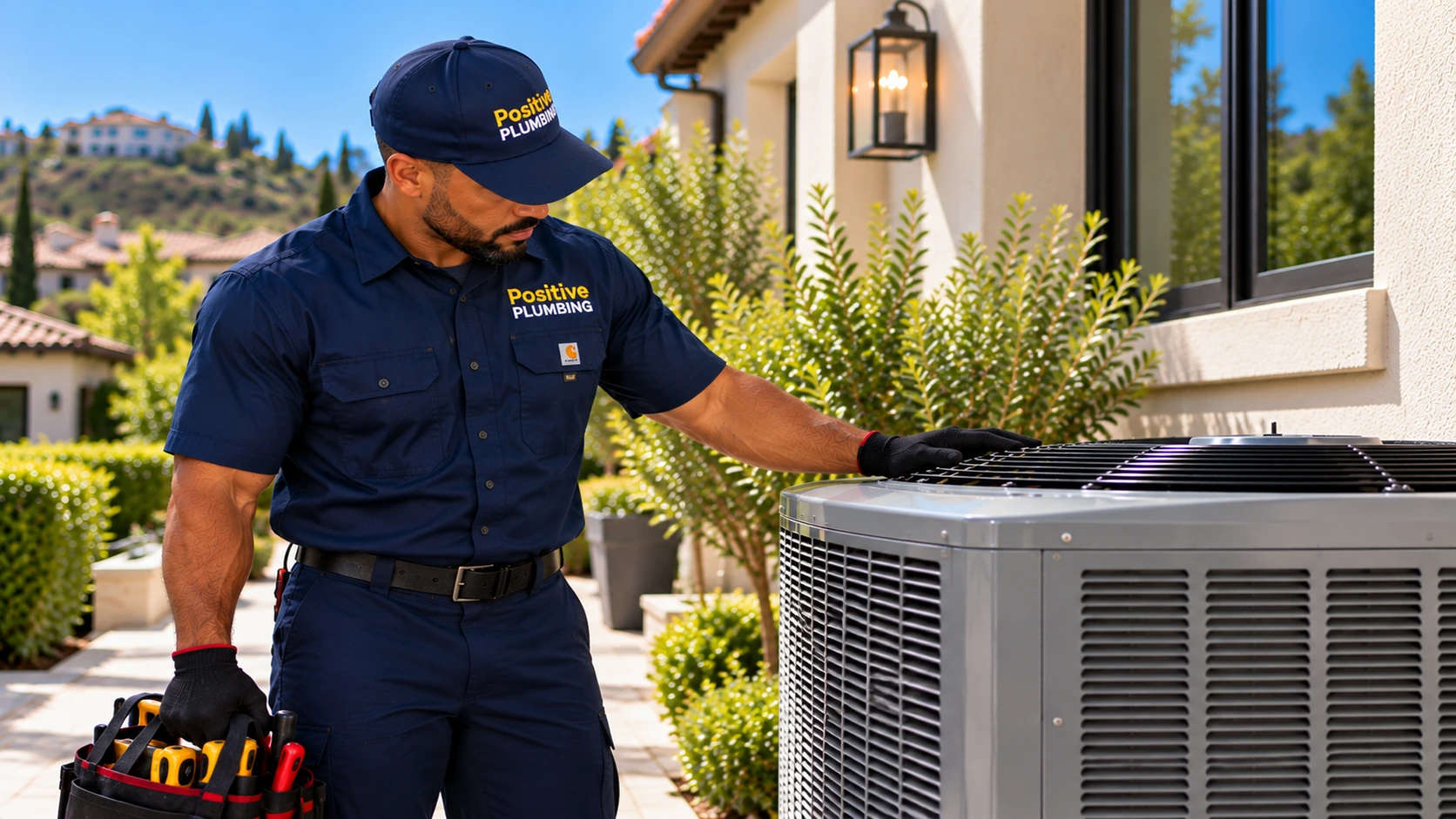 Alex inspecting a newly installed outdoor air conditioning unit after completing an AC installation in Orchard Hills, Irvine, CA.
