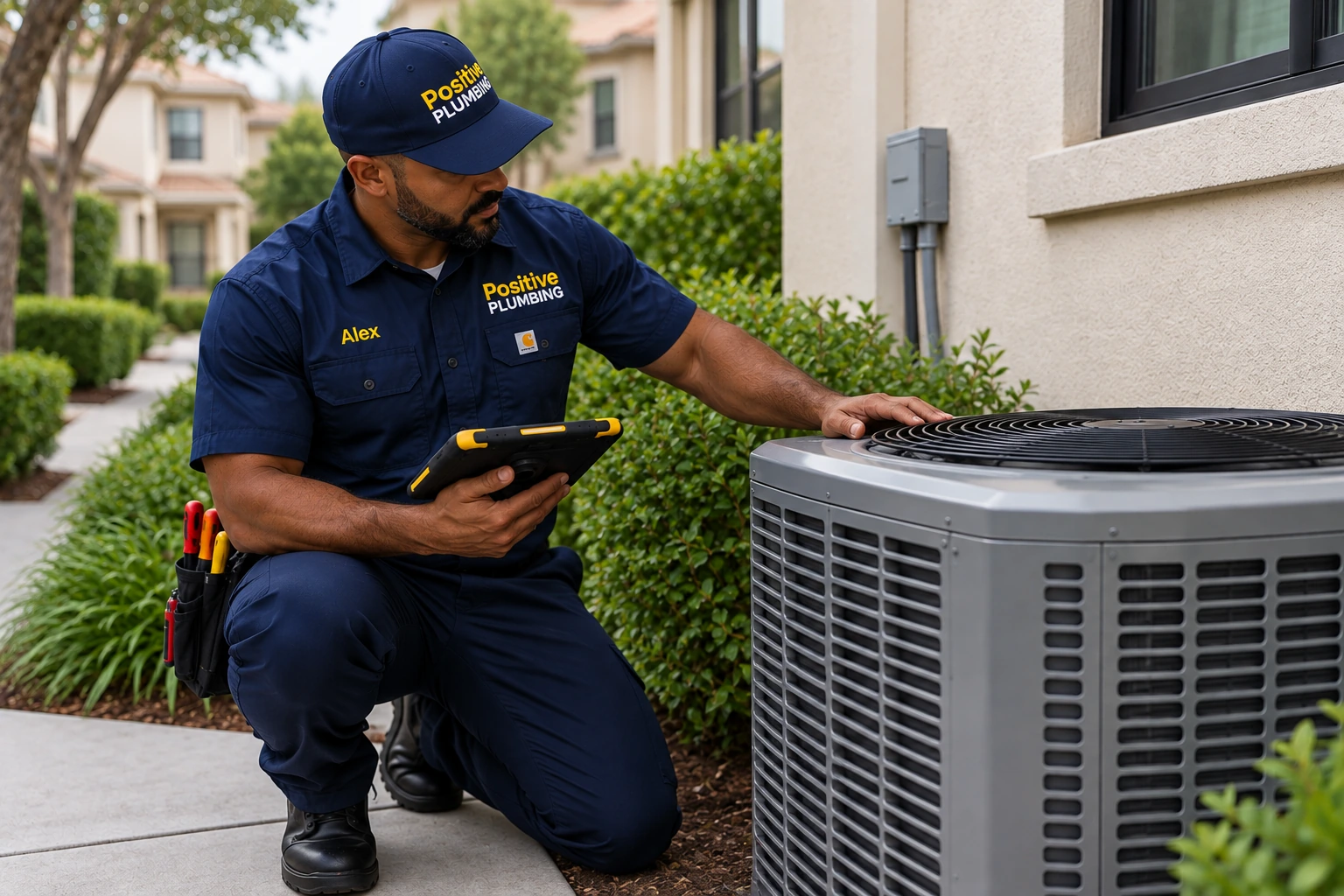 Alex inspecting an outdoor air conditioning system during a cooling diagnosis in Portola Springs, Irvine, CA