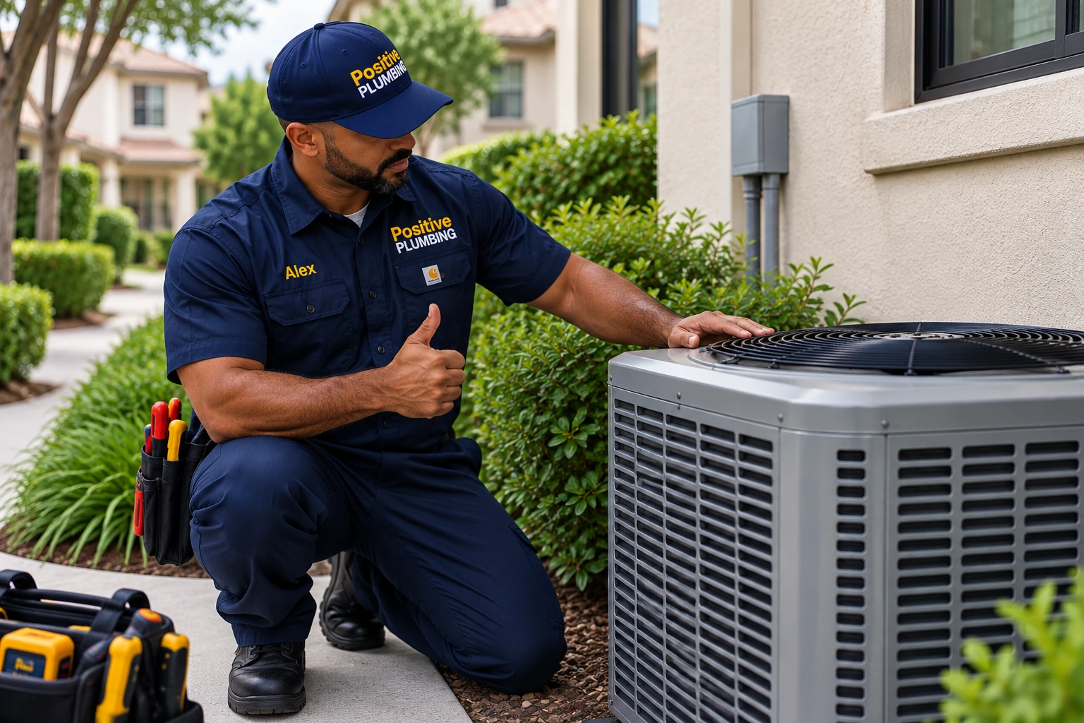 Alex beside the air conditioning system after completing an AC repair and cooling diagnosis in Portola Springs, Irvine, CA.
