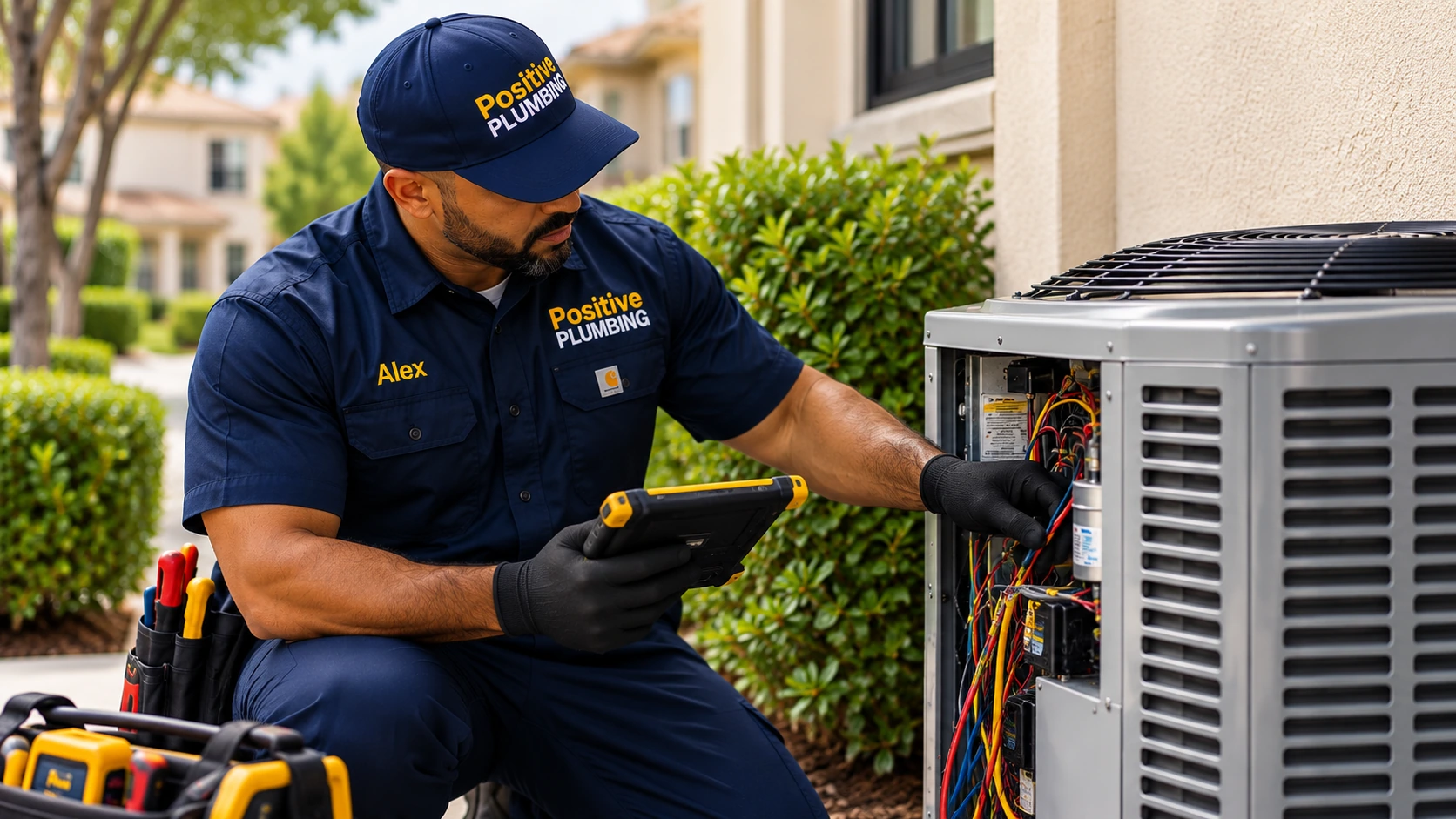 Alex diagnosing an outdoor air conditioning system during an AC repair and cooling diagnosis in Portola Springs, Irvine, CA.