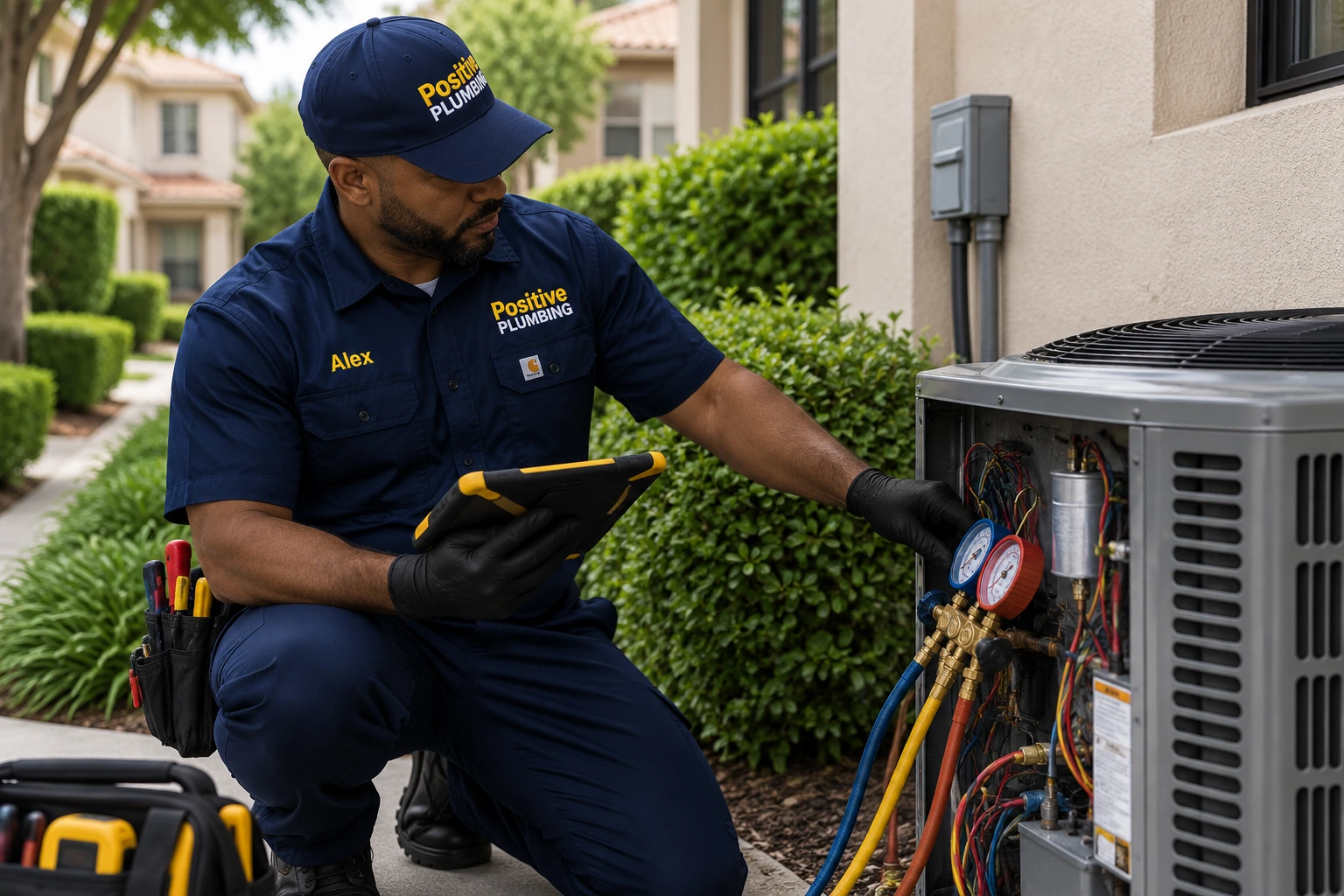 Alex diagnosing an air conditioning cooling problem using HVAC testing equipment in Portola Springs, Irvine, CA.