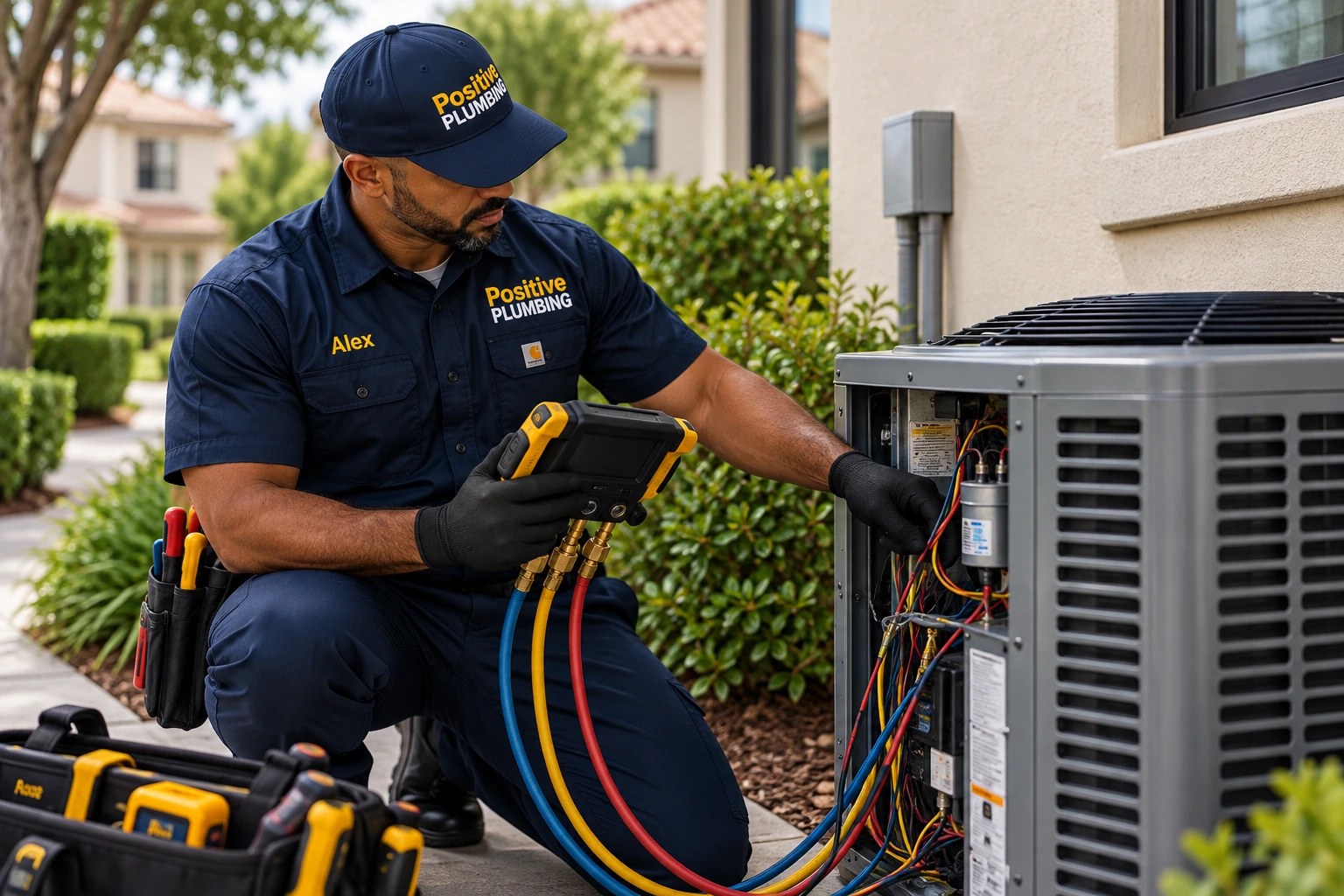 Alex performing a professional AC system diagnosis with HVAC testing equipment at a home in Portola Springs, Irvine, CA.