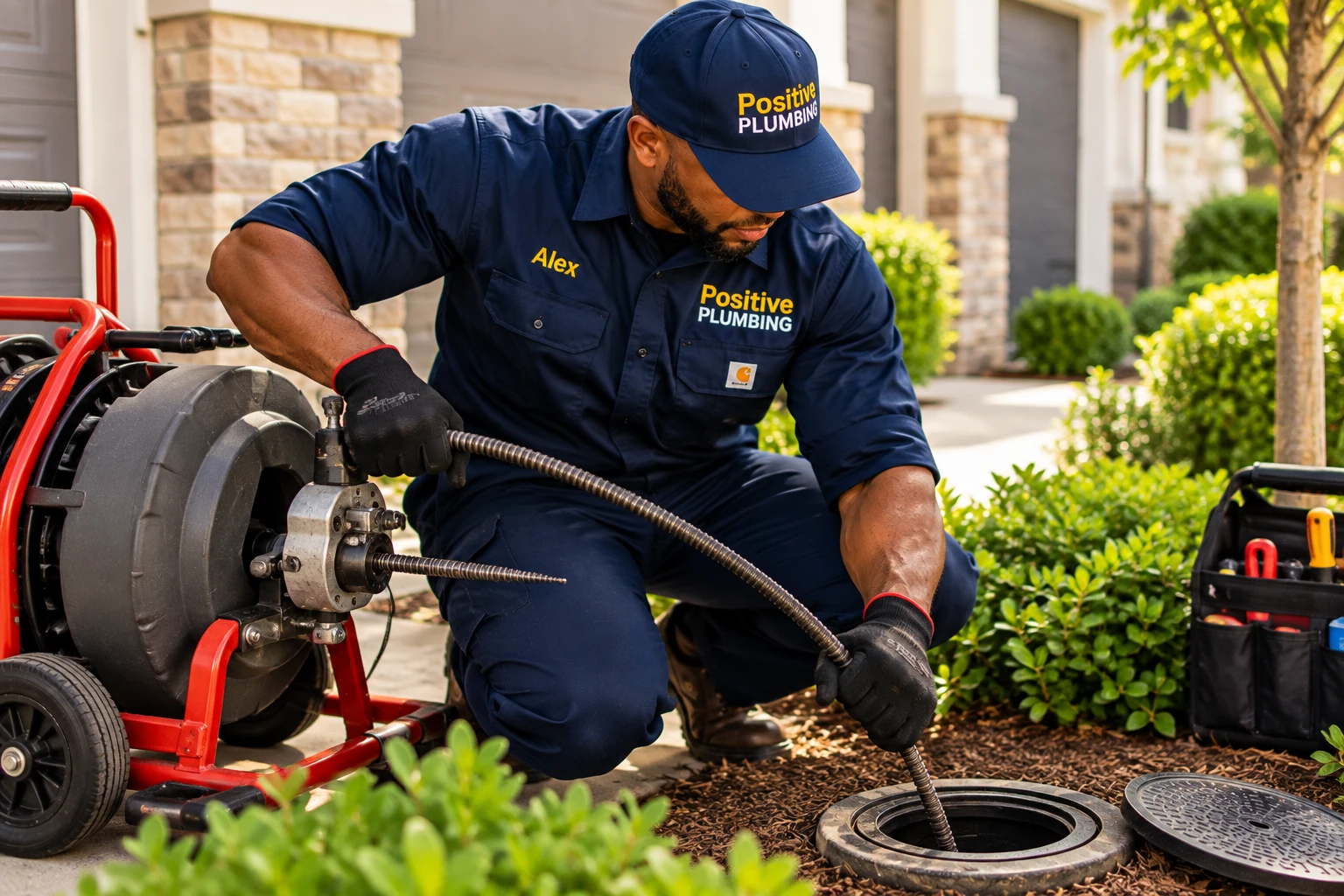Alex working alone with a professional drain-cleaning auger to clear a recurring drain backup through an outdoor sewer cleanout in Stonegate, Irvine, CA.