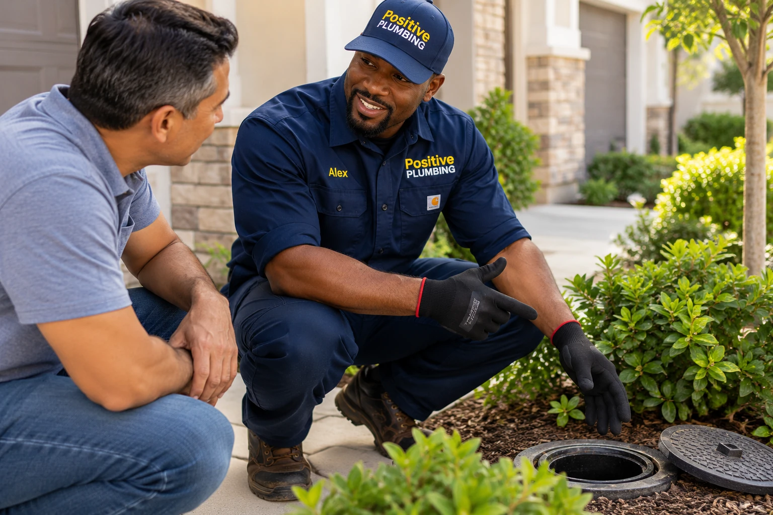 Alex discussing a recurring drain backup with a homeowner beside an outdoor sewer cleanout in Stonegate, Irvine, CA.