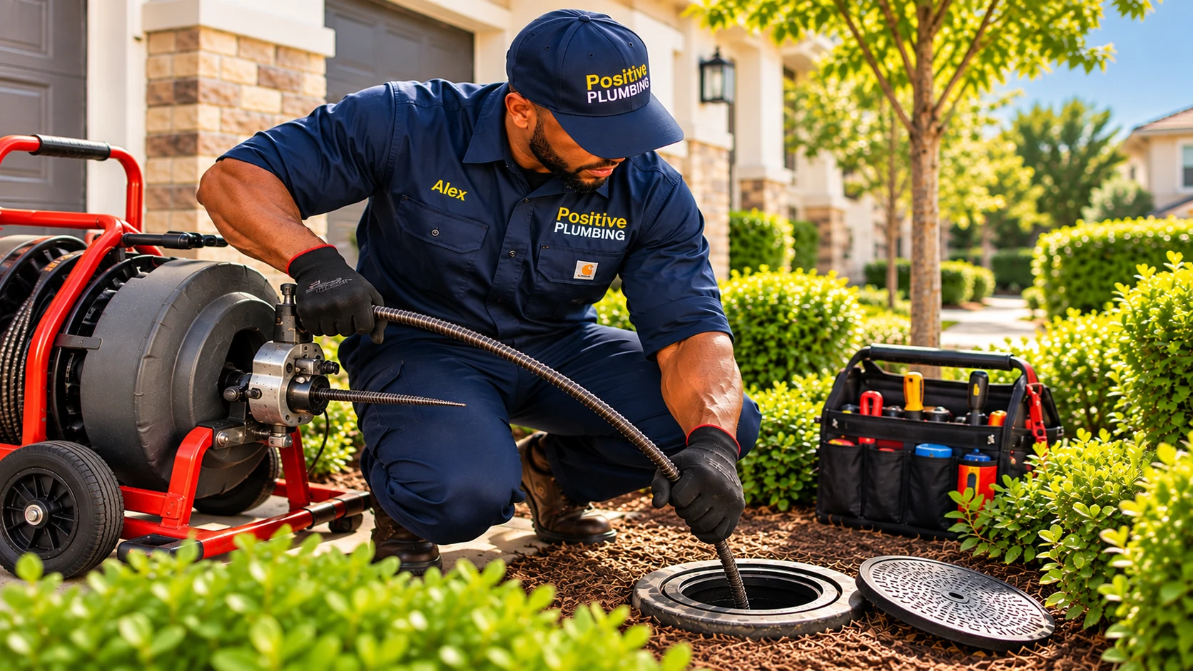 Alex using a professional drain-cleaning auger to clear a recurring drain backup through an outdoor sewer cleanout in Stonegate, Irvine, CA.