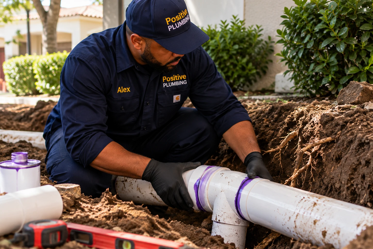 Alex installing and connecting replacement PVC sewer piping during a residential sewer line repair in University Park, Irvine, CA.