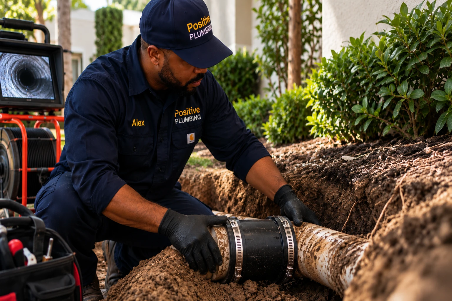 Alex repairing an underground residential sewer pipe with a replacement coupling during sewer line repair in University Park, Irvine, CA.