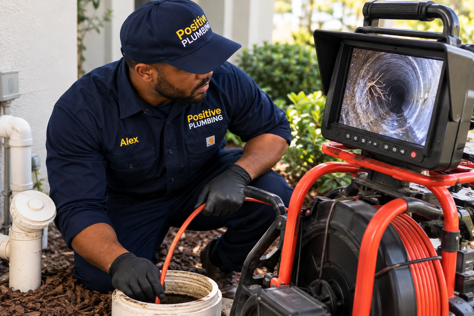 Alex inspecting a residential sewer line with a sewer camera and monitor during a sewer line repair project in University Park, Irvine, CA.p