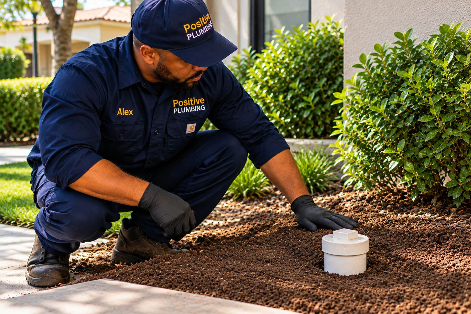 Alex inspecting the restored landscaping and capped sewer cleanout after completing a residential sewer line repair in University Park, Irvine, CA.