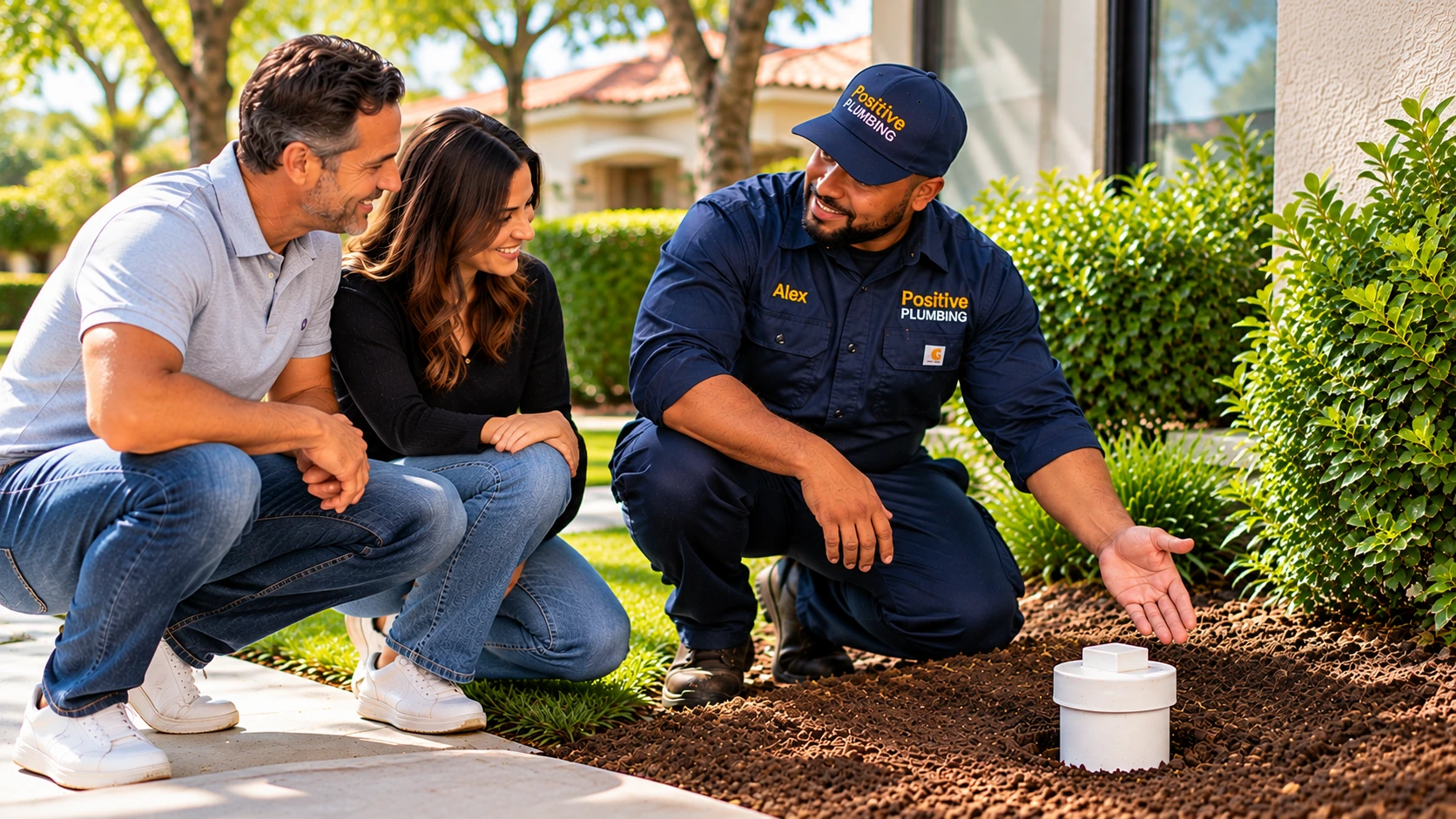 Alex showing two homeowners the completed sewer line repair and capped sewer cleanout in University Park, Irvine, CA.